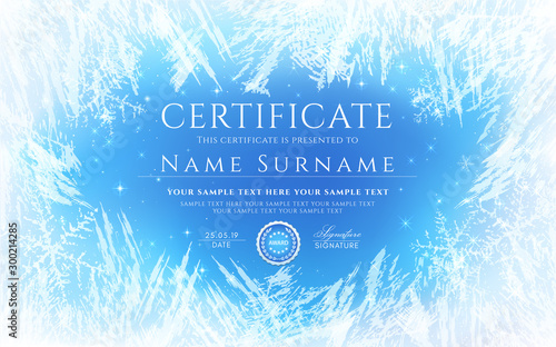 Certificate template with winter frost pattern background (frozen texture) and badge. White design for Diploma, certificate of appreciation or award
