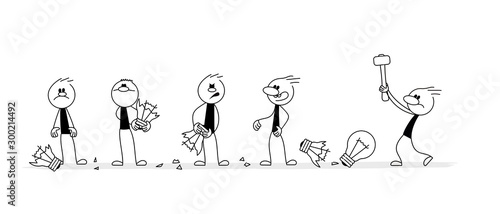 Doodle stick figure: Group of men with broken light bulbs. Business metaphor.