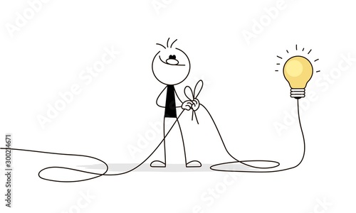 Doodle stick figure: Man connects wire. Business metaphor.