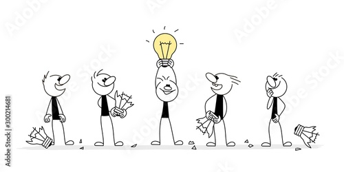 Doodle stick figure: Group of men with light bulb. Business metaphor.
