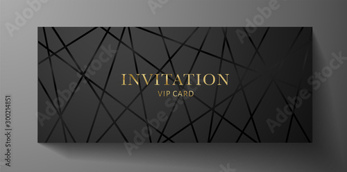 Luxurious VIP Invitation template with black lines on background and gold (golden) text. Premium class design for Gift certificate, Voucher, Gift card 