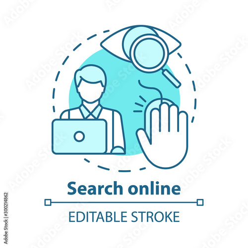 Search online concept icon. Searching for information on Internet. Data researching. Secretary, assistant. Work at computer idea thin line illustration. Vector isolated outline drawing. Editable
