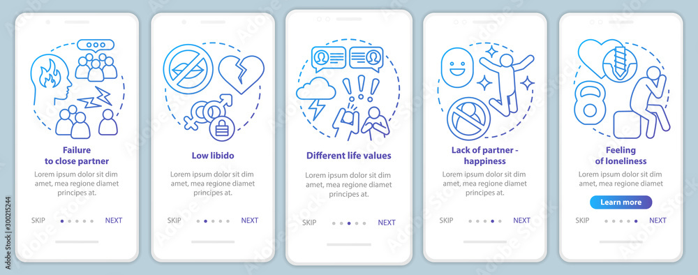 Relationship in trouble onboarding mobile app page screen with linear concepts. Failure to close partner walkthrough steps graphic instructions. UX, UI, GUI vector template with illustrations