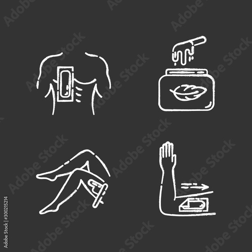 Soft waxing chalk icons set. Chest, leg, arm hair removal with strips. Cold wax in jar. Female, male body depilation. Professional beauty treatment cosmetics. Isolated vector chalkboard illustrations