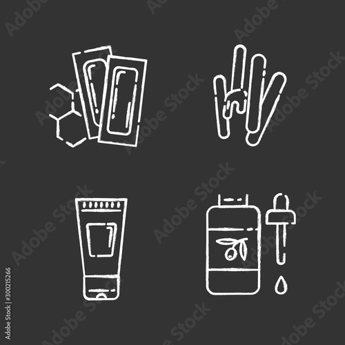 Waxing products chalk icons set. Hot, soft, honey wax in jar. Hair removal equipment. Body spray for depilation. Professional beauty treatment cosmetics. Isolated vector chalkboard illustrations