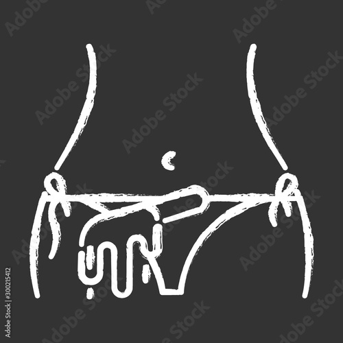 Bikini waxing chalk icon. Female hair removal procedure. Depilation with natural soft hot wax. Sugaring, professional beauty treatment. Clean, silky skin. Isolated vector chalkboard illustration