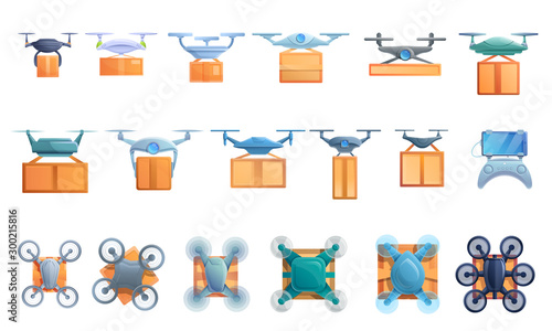 Drone delivery service icons set. Cartoon set of drone delivery service vector icons for web design