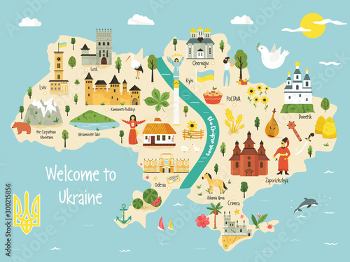 Bright map of Ukraine with landscape, symbols