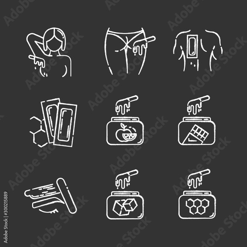Waxing chalk icons set. Armpit, buttocks, back, brow hair removal. Natural fruit, sugar wax in jar. Cold depilation strips. Professional beauty treatment cosmetics. Isolated chalkboard illustrations