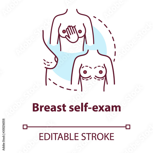 Breast self exam concept icon. Cancer prevention idea thin line illustration. Screening method. Palpation, examining, bse. Women health. Vector isolated outline drawing. Editable stroke
