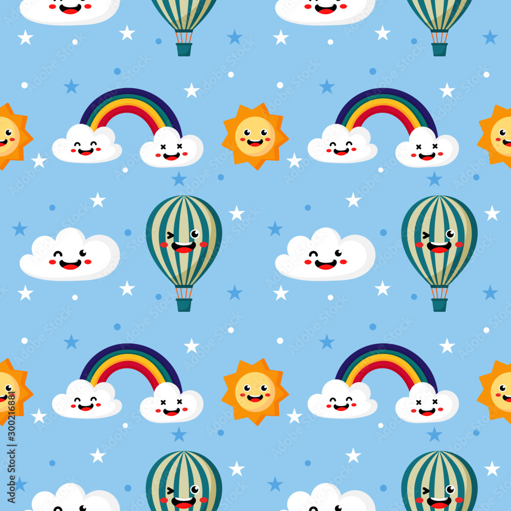 seamless pattern sun, balloon, rainbow and clouds. kawaii wallpaper on blue background. baby cute pastel colors. funny faces cartoon. vector Illustration. seamless pattern sun, balloon, rainbow and clouds. kawaii wallpaper on blue background. baby cute pastel colors. funny faces cartoon. vector Illustration.