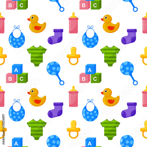 baby toys and clothes icons seamless pattern. newborn items on white background. vector Illustration.