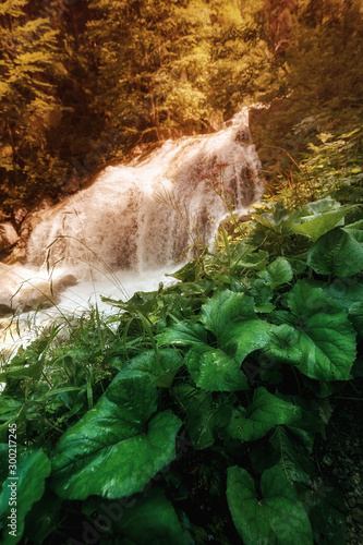 Majestic Waterfall near hiking trail in Bavarian alps. Travel nature destinations concept photo