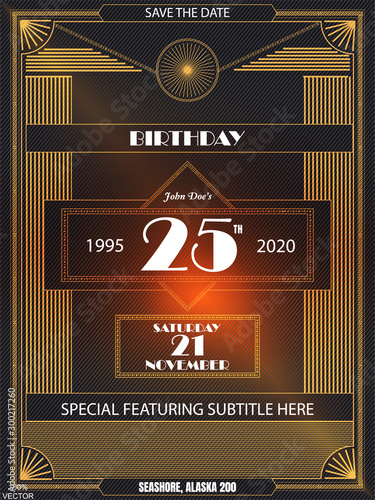 Vintage art deco luxury party invitation design template with gold geometric ornament on a black background. Vintage invitation template design for drink list, bar menu, event, thematic wedding.