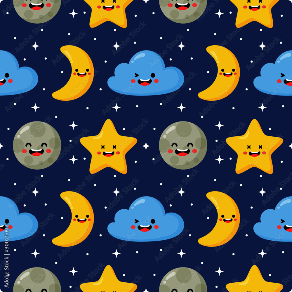seamless pattern stars, moon and clouds. kawaii wallpaper on blue background.  baby cute pastel colors. vector Illustration. vector de Stock | Adobe Stock