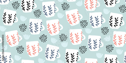 Seamless pattern with cups of coffee, scandinavian