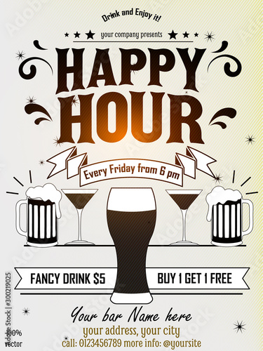 Happy hour flyer design with beer, wine glass, floral ornament on white background. It can be useful whether it is a specific show, club event, or special attraction.