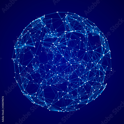 Abstract 3d sphere with connecting dots and lines. Wireframe technology blue sphere.
