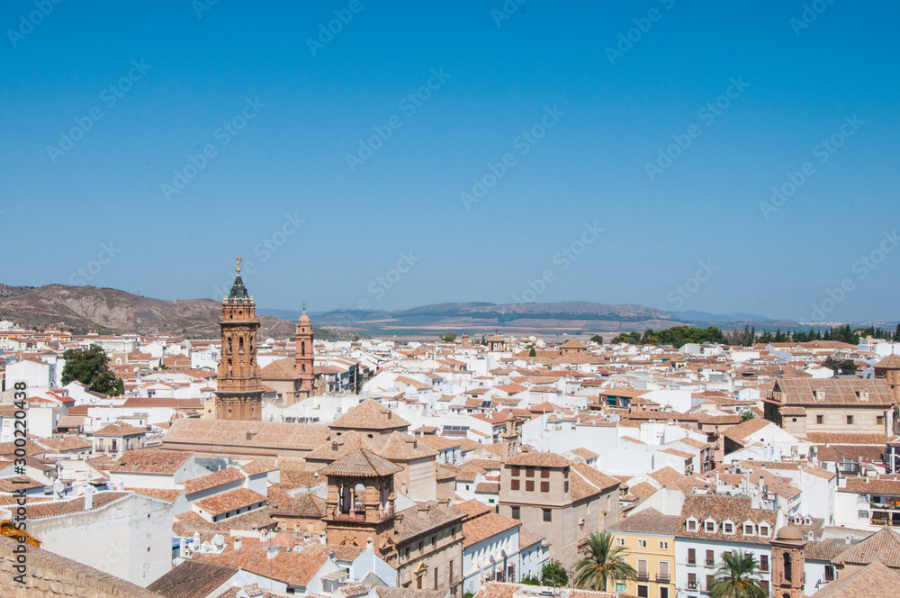 Top view of Antequera. White houses of Spanish town.