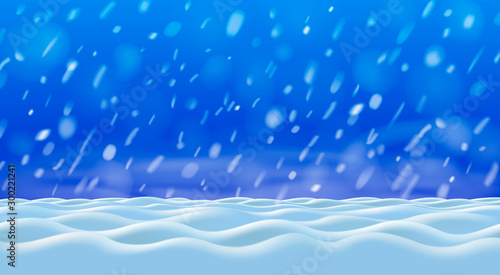 White and blue snowdrifts at the ground and flying snowsflakes in the air. Nice vector 3d new year winter illustration.