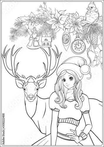 Christmas Wreath Of Spruce Pine Poinsettia Winter Bird Deer And Nice Girl In Hat Coloring Page For The Adult Coloring Book Outline Hand Drawing Vector Illustration Stock Vector Adobe Stock