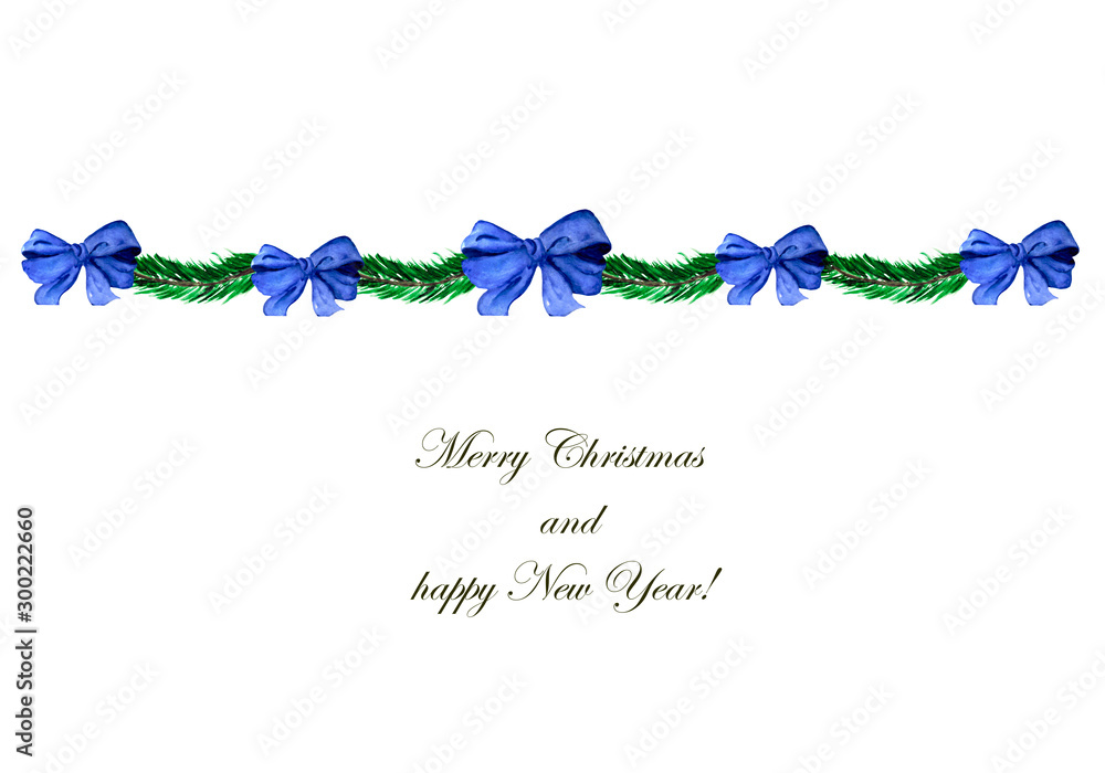 Christmas illustration with a wreath of fir branches and blue bows. Festive composition for decoration of greeting cards, posters and invitations. Christmas illustration with a wreath of fir branches and blue bows. Festive composition for decoration of greeting cards, posters and invitations.