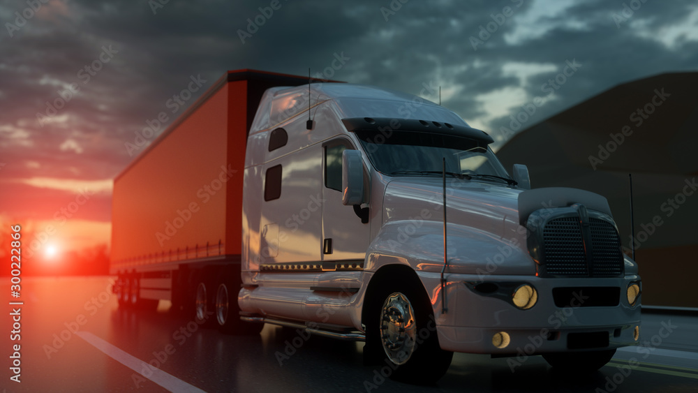 Semi trailer. Truck on the road, highway. Transports, logistics concept. 3d rendering Semi trailer. Truck on the road, highway. Transports, logistics concept. 3d rendering