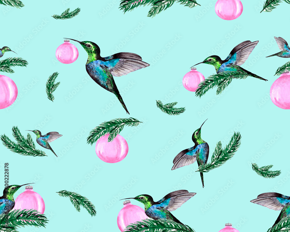 Christmas background with Christmas tree branches, toys and hummingbirds. Festive illustration for gift wrapping, textiles or Wallpaper.