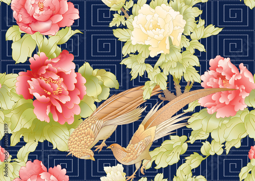 Peony tree with flowers with pheasants in the style of Chinese painting and Japanese embroidery Sashiko. Seamless pattern, background. Colored vector illustration. On black, dark blue background.