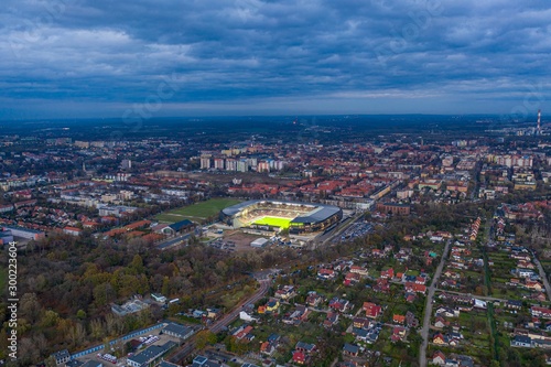 Aerial drone view on Zabrze city and stadium