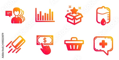 Payment click, Credit card and Bar diagram line icons set. Drop counter, People and Shopping basket signs. Loyalty program, Medical chat symbols. Financial transfer, Bank payment. Vector