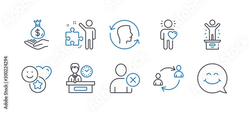 Set of People icons, such as Smile, Strategy, Income money, Delete user, Winner podium, User communication, Presentation time, Friend, Face id, Smile face line icons. Line smile icon. Vector