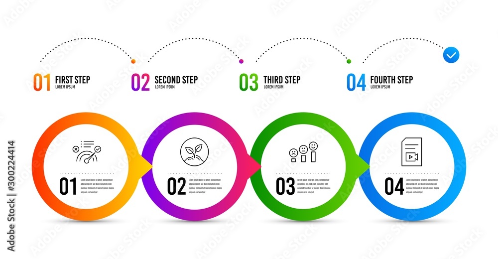 Customer satisfaction, Correct answer and Startup line icons set. Timeline infographic. Video file sign. Happy smile chart, Approved, Launch project. Vlog page. Education set. Vector