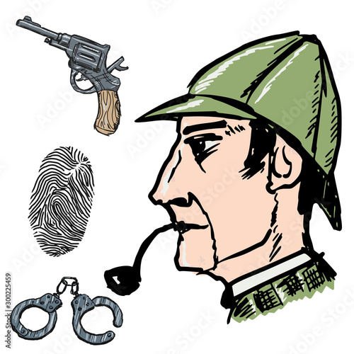 Sherlock Holmes famous detective. Hand drawn, vector set images. Fingerprint, handcuffs, revolver, gun. Adventures, literature, England, vintage, retro, character. Side view