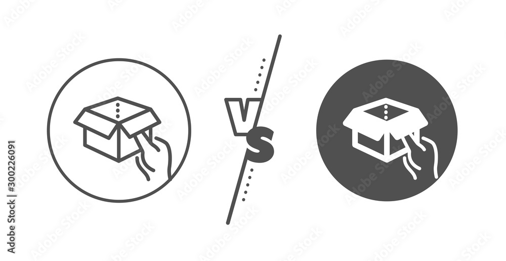 Delivery parcel sign. Versus concept. Hold open box line icon. Cargo package symbol. Line vs classic hold box icon. Vector Delivery parcel sign. Versus concept. Hold open box line icon. Cargo package symbol. Line vs classic hold box icon. Vector