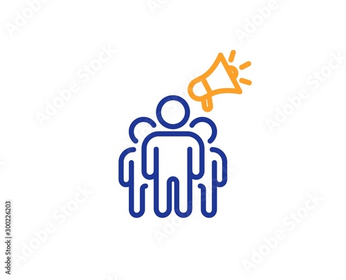 Holding megaphone sign. Brand ambassador line icon. Advertisement device symbol. Colorful outline concept. Blue and orange thin line brand ambassador icon. Vector photo