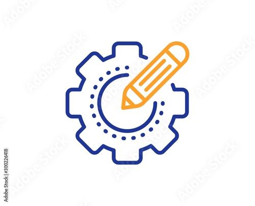 Cogwheel with star sign. Settings gear line icon. Edit working process symbol. Colorful outline concept. Blue and orange thin line settings gear icon. Vector