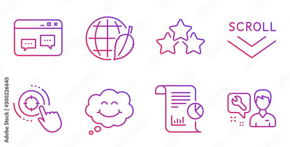 Smile, Browser window and Ranking stars line icons set. Scroll down, Environment day and Seo target signs. Report, Repairman symbols. Comic chat, Website chat. Technology set. Vector - obrazy, fototapety, plakaty 