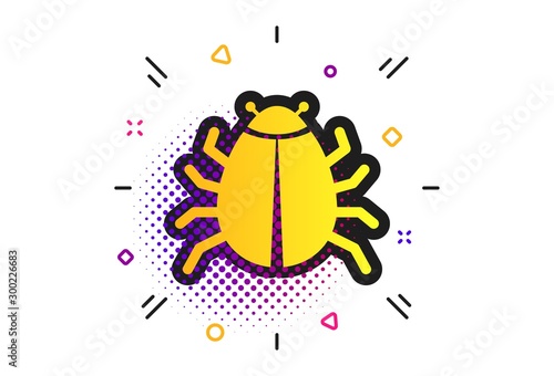 Bug sign icon. Halftone dots pattern. Virus symbol. Software bug error. Disinfection. Classic flat bug icon. Vector