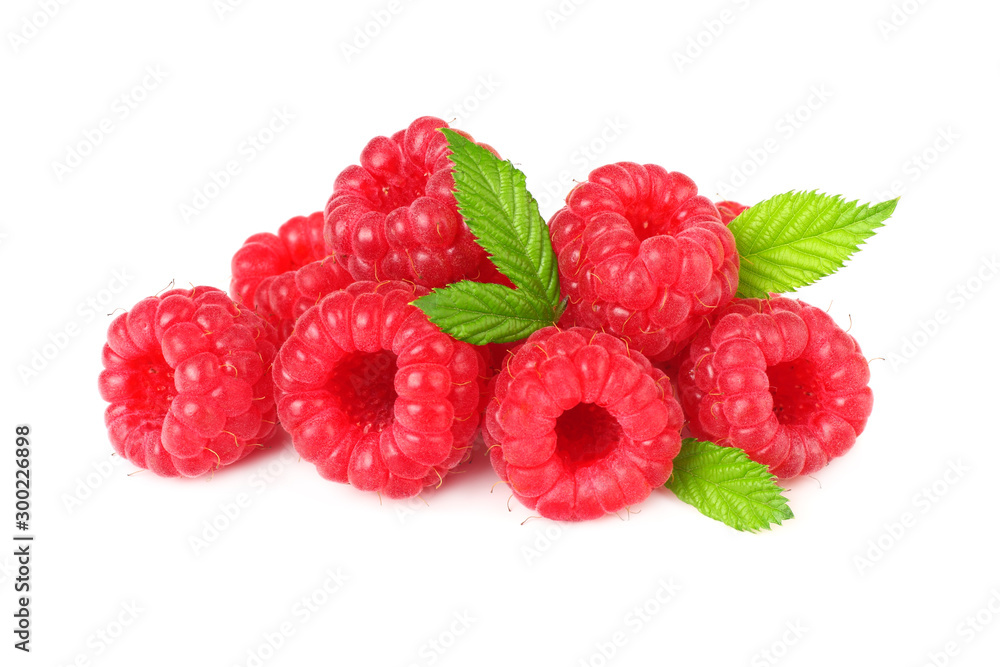 ripe raspberries with green leaves isolated on white background ripe raspberries with green leaves isolated on white background