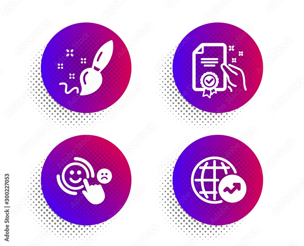 Paint brush, Customer satisfaction and Certificate icons simple set. Halftone dots button. World statistics sign. Creativity, Happy smile, Certified guarantee. Global report. Education set. Vector