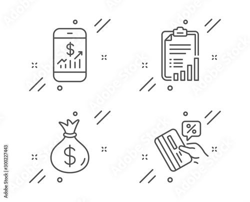 Money bag, Mobile finance and Checklist line icons set. Credit card sign. Usd currency, Phone accounting, Graph report. Loan percent. Finance set. Line money bag outline icon. Vector