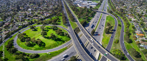 Monash freeway and Wellington road interchange in Mulgrave suburb - aerial panoramic landscape
