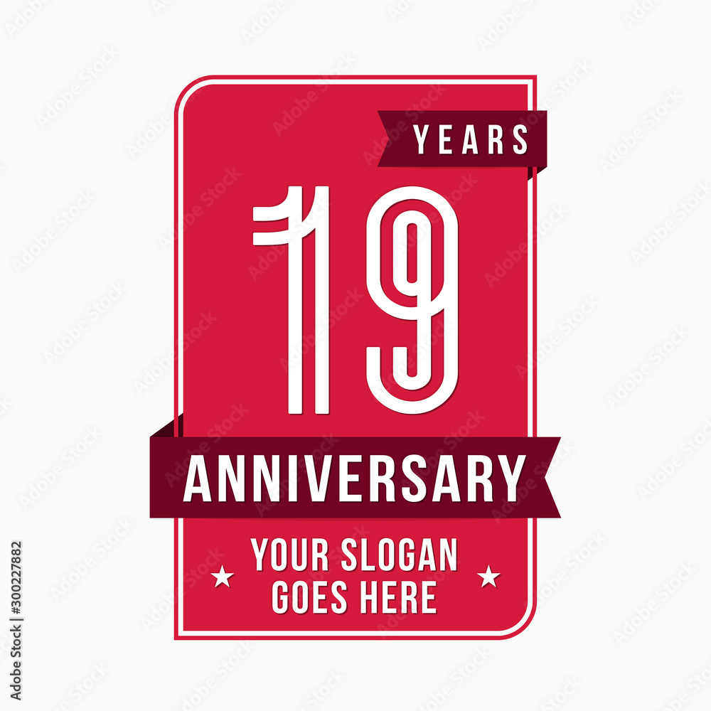 Naklejka premium 19 years anniversary design template. Nineteen years celebration logo. Vector and illustration.