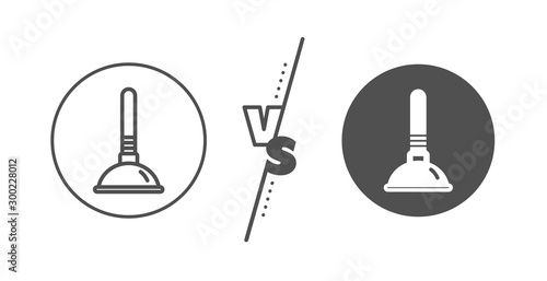 Ð¡leaning of pipe clogs symbol. Versus concept. Cleaning plunger line icon. Housekeeping equipment sign. Line vs classic plunger icon. Vector