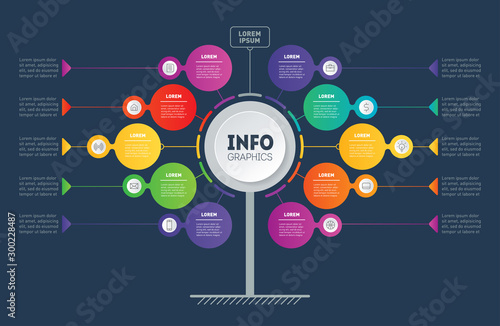 Business presentation concept with 10 options. Template of tree, chart or diagram with icons. Infographic of technology or education process with ten steps. Dark background.