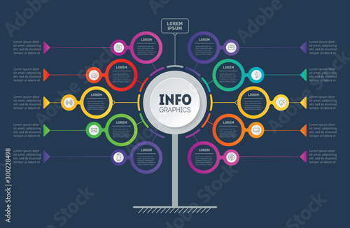 Business presentation concept with 10 options. Template of tree, chart or diagram with icons. Infographic of technology or education process with ten steps on Dark background.