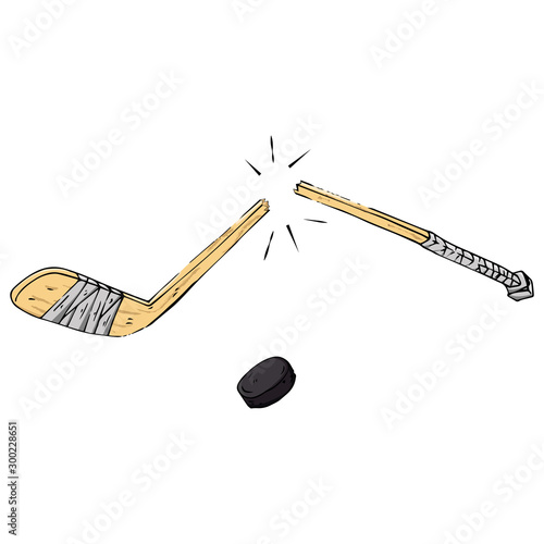Hockey stick. Vector illustration of a broken hockey stick. Hand drawn sports equipment hockey stick.