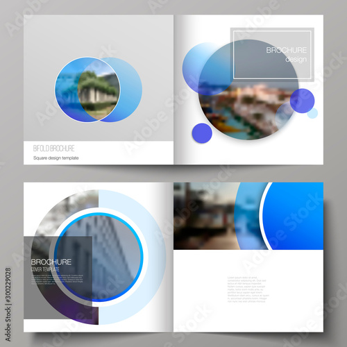 The vector illustration of the editable layout of two covers templates for square design bifold brochure, magazine, flyer, booklet. Creative modern blue background with circles and round shapes.