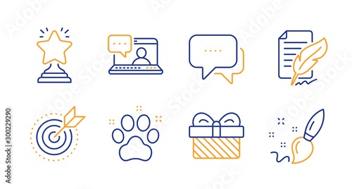 Pet friendly, Message and Target purpose line icons set. Friends chat, Feather signature and Gift signs. Winner, Paint brush symbols. Dog paw, Chat bubble. Business set. Line pet friendly icon. Vector